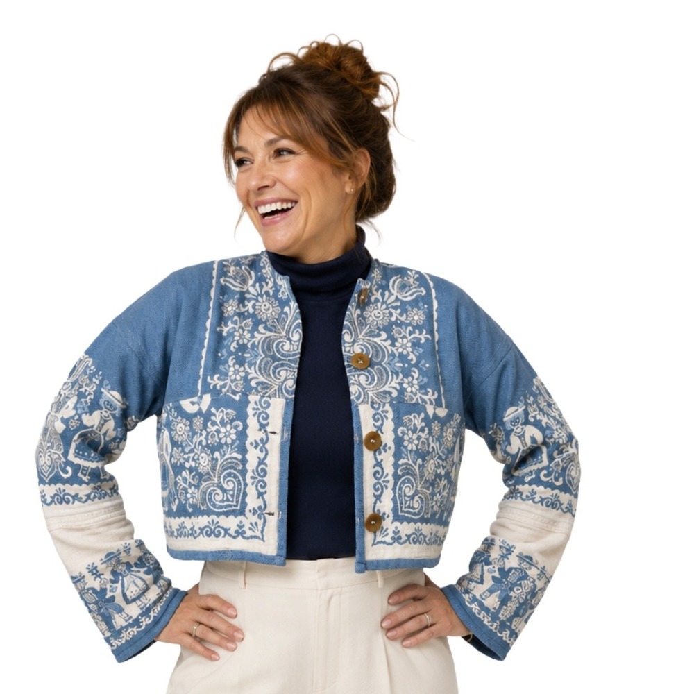 Blue Cream Folk Art Tapestry Cropped Jacket Woven Button Front Boxy Top